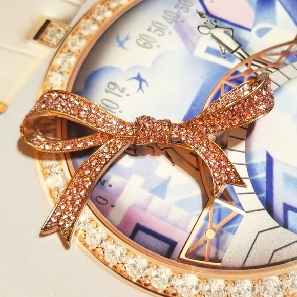 KJL Sparkling Rose Goldtone Pink Crystal Ribbon Bow Brooch - Picture 4 of 7